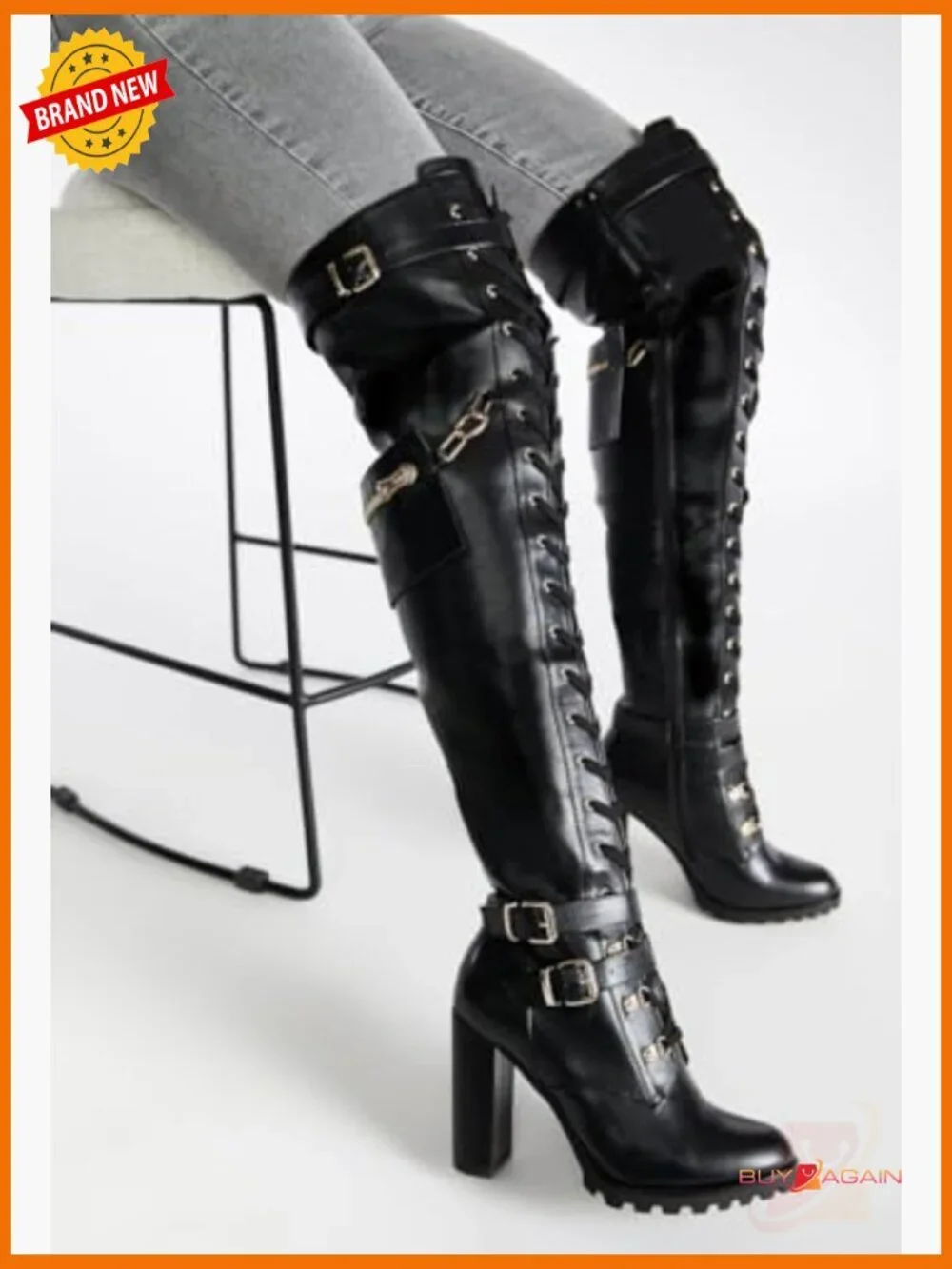 Thigh High Combat Boots with Block Heel, Lace Up, Side Zipper